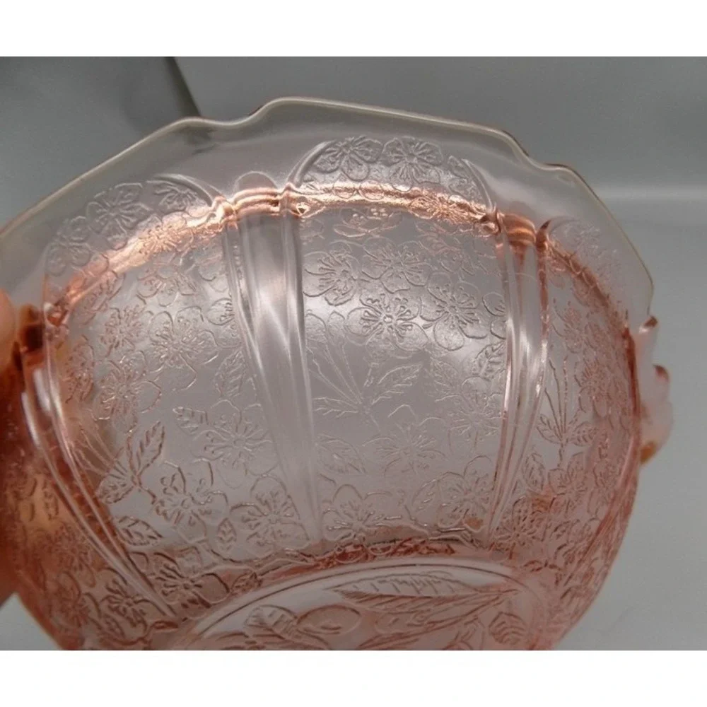 Jeannette Pink Cherry Blossom Depression Glass Handled Bowl Floral Patterns 1930